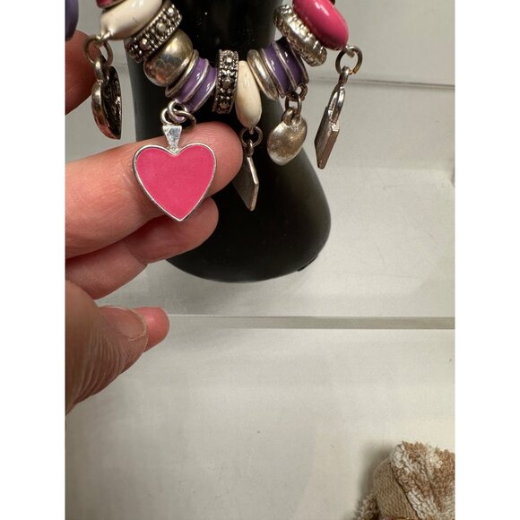 Silver Charm Bracelet Pink Purple Accents Heart Bag Pendants Design Womens - Picture 5 of 14